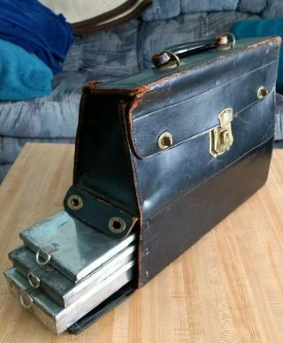 Rare Black Leather Doctors Bag With Three Hidden Stainless Steel Metal Trays
