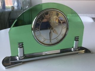 Art Deco Smiths English 8 Day Chrome & Green Glass Clock,