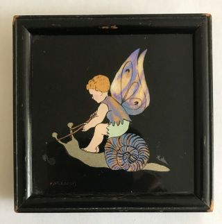 Art Deco Butterfly Wings Small Picture Of A Boy With Wings Riding A Snail - Framed