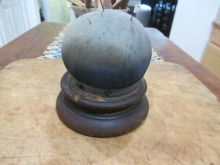 Early Antique Large Wood And Blue Fabric Pin Cushion,  Make - Do