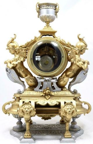 Large Antique Mantle Clock French 8 Day Stunning 2 Tone 2 Figural Gilt C1880 10