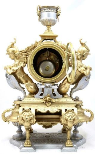Large Antique Mantle Clock French 8 Day Stunning 2 Tone 2 Figural Gilt C1880 11
