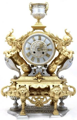 Large Antique Mantle Clock French 8 Day Stunning 2 Tone 2 Figural Gilt C1880