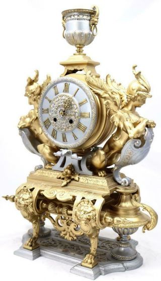 Large Antique Mantle Clock French 8 Day Stunning 2 Tone 2 Figural Gilt C1880 2