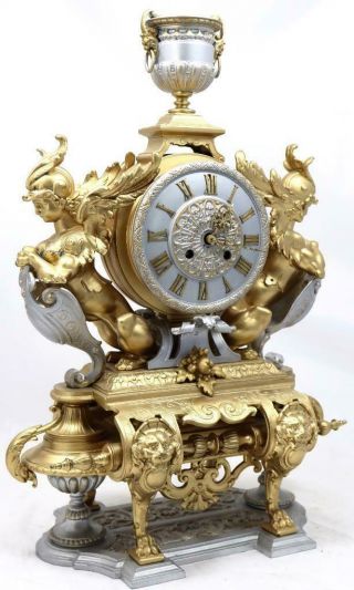 Large Antique Mantle Clock French 8 Day Stunning 2 Tone 2 Figural Gilt C1880 3