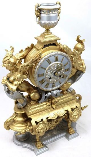 Large Antique Mantle Clock French 8 Day Stunning 2 Tone 2 Figural Gilt C1880 4