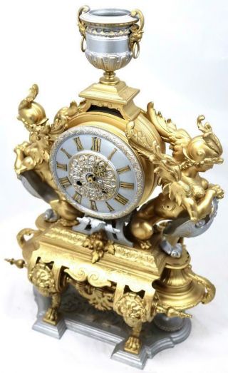 Large Antique Mantle Clock French 8 Day Stunning 2 Tone 2 Figural Gilt C1880 5