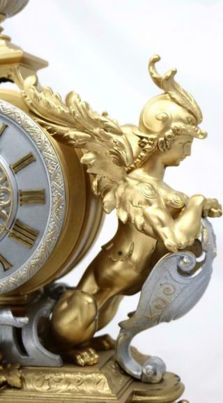 Large Antique Mantle Clock French 8 Day Stunning 2 Tone 2 Figural Gilt C1880 7