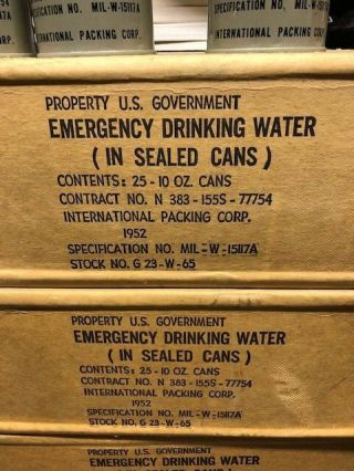 1952 KOREAN WAR EMERGENCY WATER - FULL FACTORY BOX OF 25 (10OZ) CANS 2