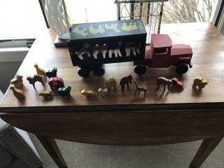 Old Antique Vtg Hand Made Wooden Circus Truck With Animals