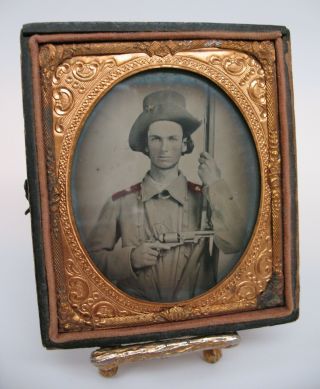 Rare Civil War 1/6 Ambrotype Confederate Soldier With Colt & Rifle & Hardee Hat