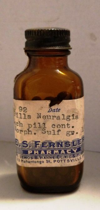 Antique Vintage E.  S.  Fernsler Morph.  Sulf Pills Neuralgia Pharmacy Bottle