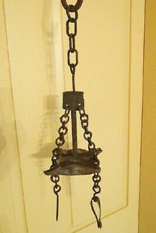 Exceptional Early Antique Wrought Iron Hanging Grease/fat Lamp