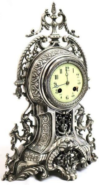 Antique French Mantle Clock 1880s Silvered Embossed Pierced Bronze 3
