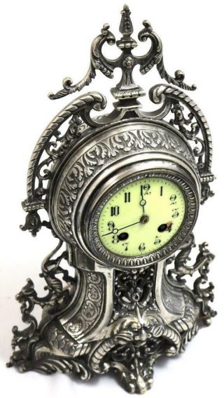 Antique French Mantle Clock 1880s Silvered Embossed Pierced Bronze 5