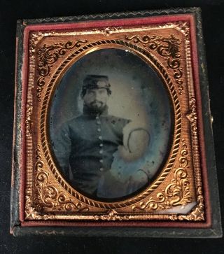 Uniformed Union Civil War Soldier Holding Infant Child 1/6 Plate Ambrotype Image