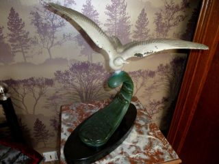 French Art Deco Cold Painted Spelter Seagull On Wave Signed Trebic