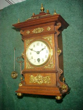 Rare Antique Mini Lenzkirch 8 Day Clock With Brass Applications & Key