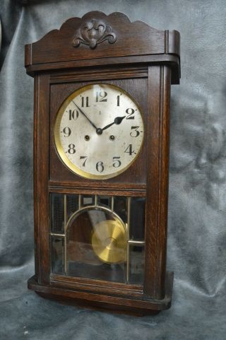 A Attractive Gustav Becker Oak Cased Chime Strike Wall Clock Serviced