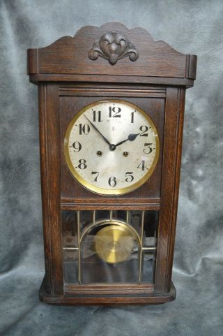 A ATTRACTIVE GUSTAV BECKER OAK CASED CHIME STRIKE WALL CLOCK SERVICED 3