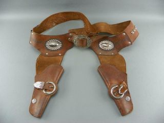Vintage 1950s Western Cowboy Maverick Toy Cap Gun Dual Holster Leather Belt Rare