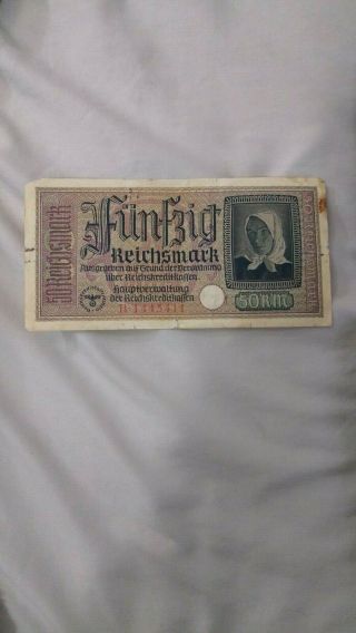 WW2 Nazi 50 Reichsmark and WW2 Antique V2 Rocket Part Currency Money German 3