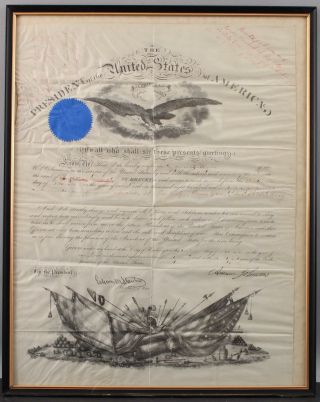 Antique 1865 Andrew Johnson Velum Commission,  General Eugene Payne 37th Ill.