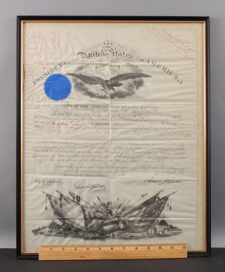 Antique 1865 Andrew Johnson Velum Commission,  General Eugene Payne 37th Ill. 2