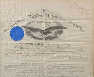 Antique 1865 Andrew Johnson Velum Commission,  General Eugene Payne 37th Ill. 4