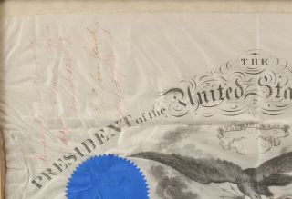 Antique 1865 Andrew Johnson Velum Commission,  General Eugene Payne 37th Ill. 6