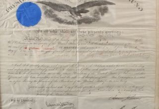 Antique 1865 Andrew Johnson Velum Commission,  General Eugene Payne 37th Ill. 8