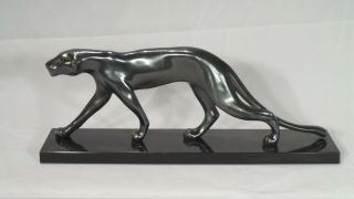 Art Deco Prowling Black Panther Sculpture French 1930 on Marble Base 2
