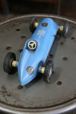 1950s Plastic Indy 500 Race Car - Wind Up Toy Midget Metal Hubcaps Blue Vintage 9 "