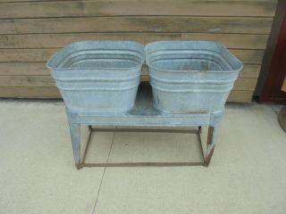 Galvanized Metal Double Washtub On Stand C.  H.  F.  S.  Flower Garden Yard Decor