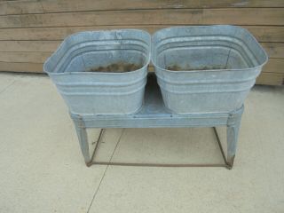 galvanized metal double washtub on stand C.  H.  F.  S.  flower garden yard decor 6