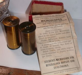 Two Antique Brass Field Microscopes Students 1902 W/ Insect Holder W/box Papers