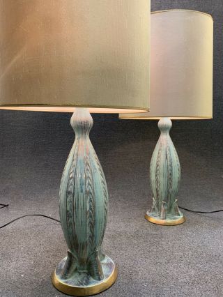 Pair Mid Century Modern Turquoise Green & Gold Biomorphic Table Lamps W/ Shades