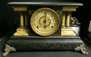 Antique Wm Gilbert Clock Blackbird Column Chiming Mantle Clock W/ Key & Pendulum