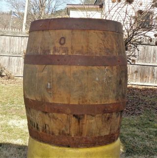 Vintage Primitive Wood Wooden Barrel Metal Bands 20 " Tall 15 " Diam Made Belgium