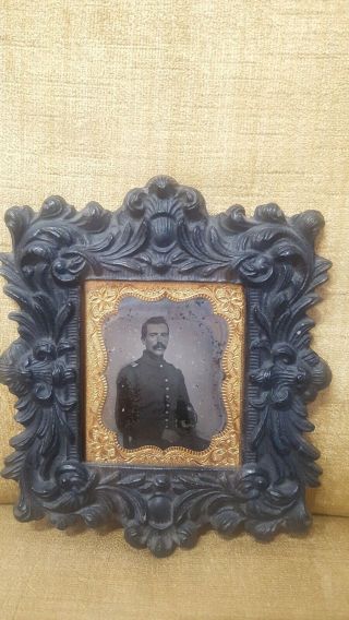 Antique Tintype Photo Union Infantry Civil War Soldier With Frame.  1/6.  Rare