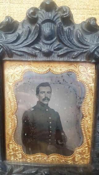 Antique tintype photo union infantry civil war soldier with frame.  1/6.  Rare 3