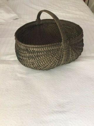 19TH C BUTTOCK BASKET IN GREENISH BLUE PAINT PAINT DECORATED DESIG 7