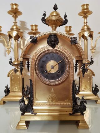 Antique French Brass & Bronze Mantel Clock Garniture.