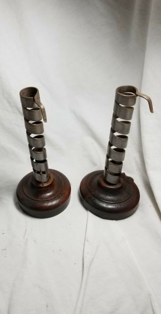 Rare Pair 18th - Early 19th C Wrought Iron And Wood Spiral Candlesticks.