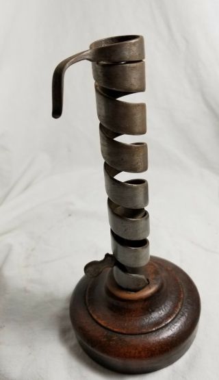 RARE PAIR 18TH - EARLY 19TH C WROUGHT IRON AND WOOD SPIRAL CANDLESTICKS. 2