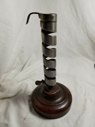RARE PAIR 18TH - EARLY 19TH C WROUGHT IRON AND WOOD SPIRAL CANDLESTICKS. 3