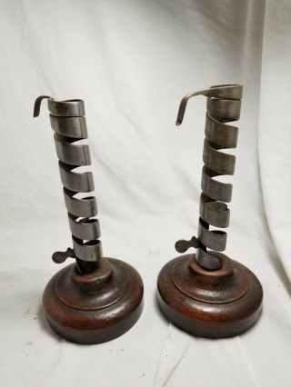 RARE PAIR 18TH - EARLY 19TH C WROUGHT IRON AND WOOD SPIRAL CANDLESTICKS. 5