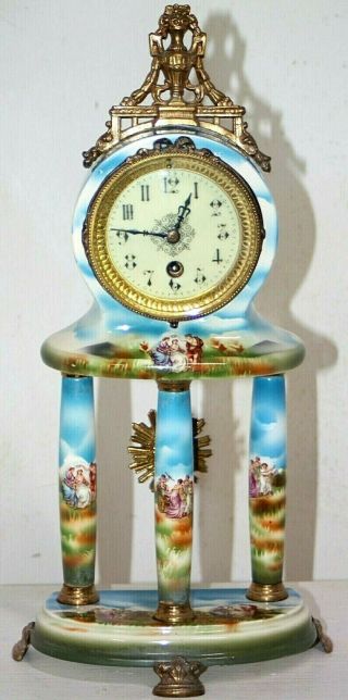 Antique French Japy Freres Porcelain Pillar Portico Clock W/ Sevres Style Paint.
