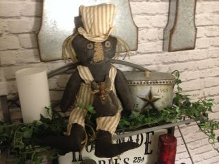 Primitive Summer Halloween Special Black Scarecrow Doll And His Cat Decor