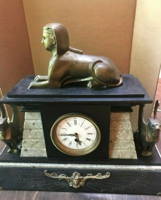 Antique,  Egyptian Revival Marble Mantle Clock W/sphinx